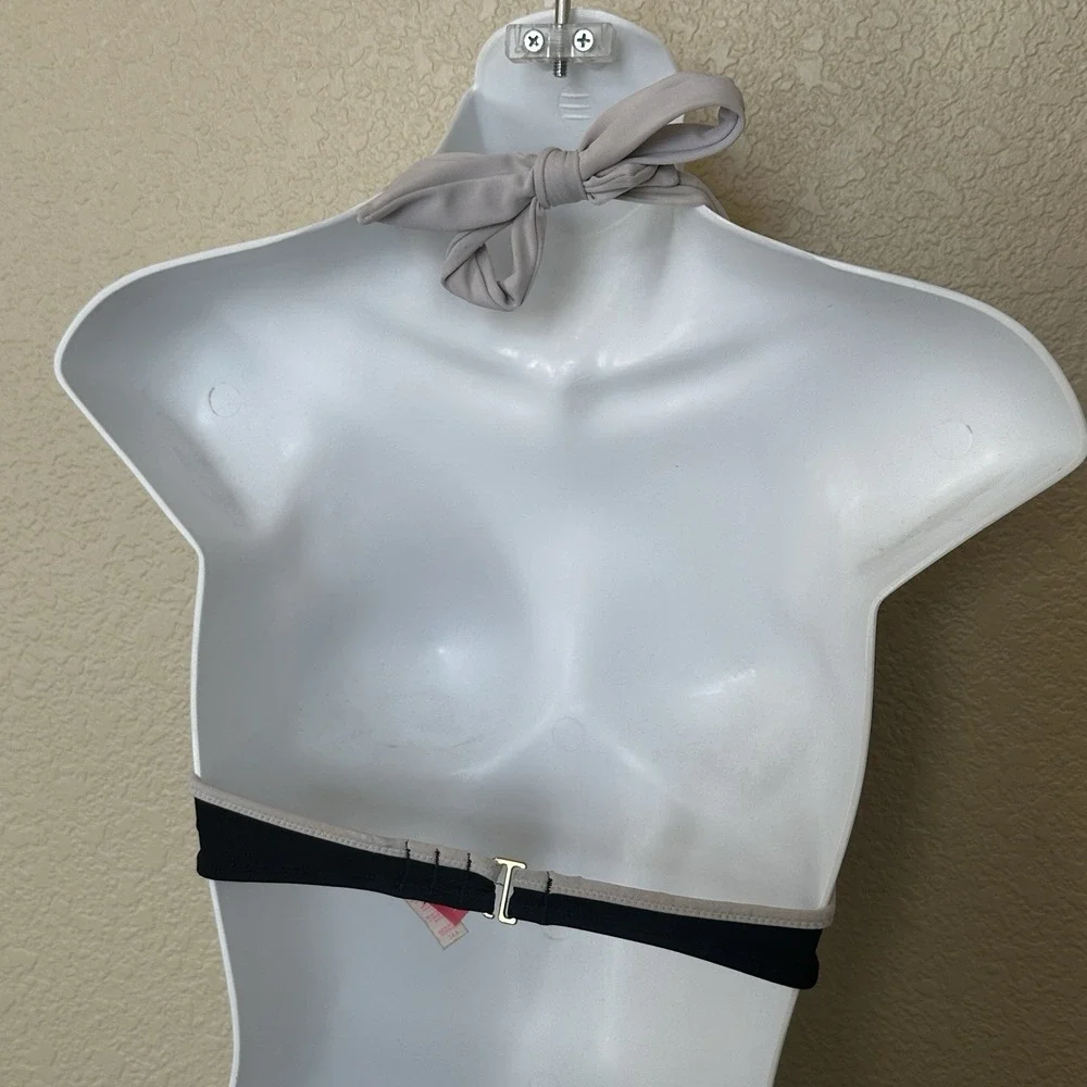 Victorias Secret Bikini Top Black Cream Halter Tie Bow Front 34a